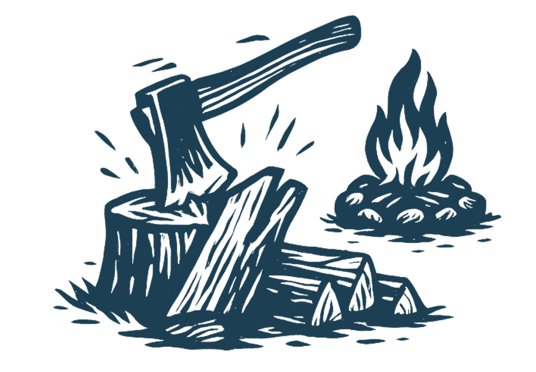 axe in a tree stump next to a campfire