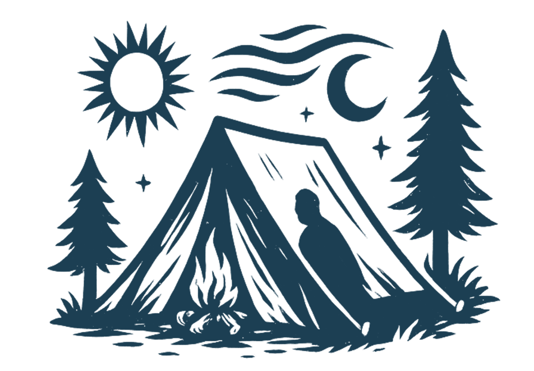 person in a tent at a campsite